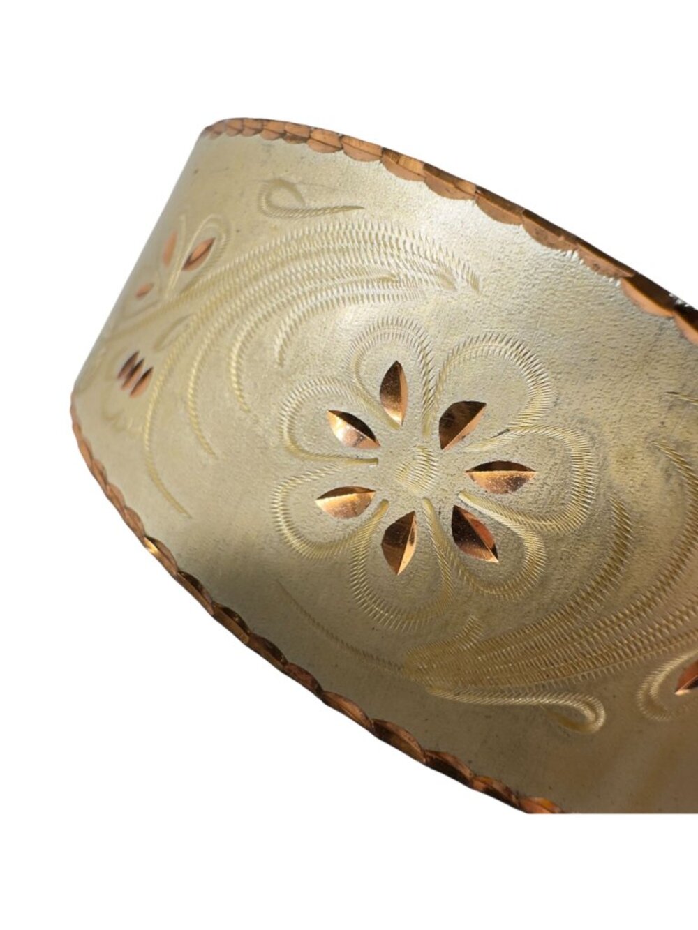 Brass Etched Cuff Bracelet Floral Design Copper 6.5" Circumference Adjustable - Picture 6 of 9